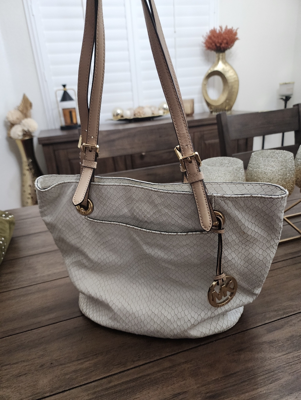Michael Kors Cream W Gold Hardware/ Charm Snake Leather Tote Bag